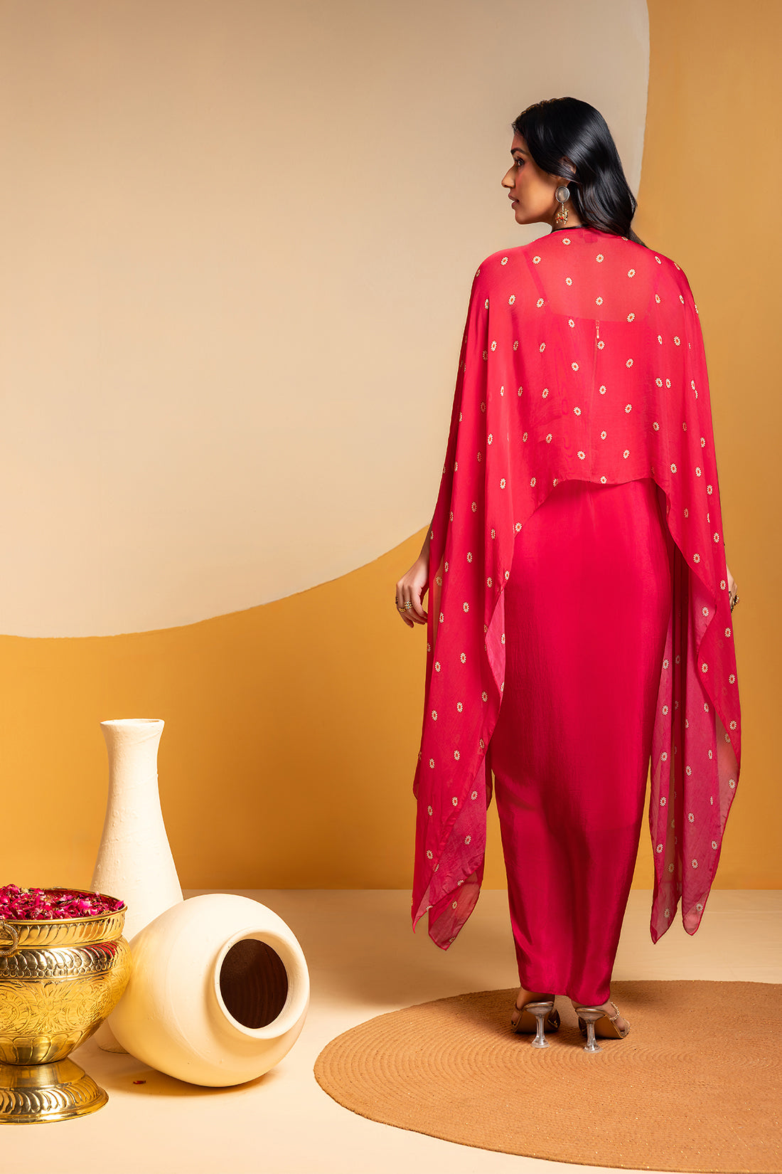 TAARANI DRAPE DRESS WITH EMBROIDERED CAPE