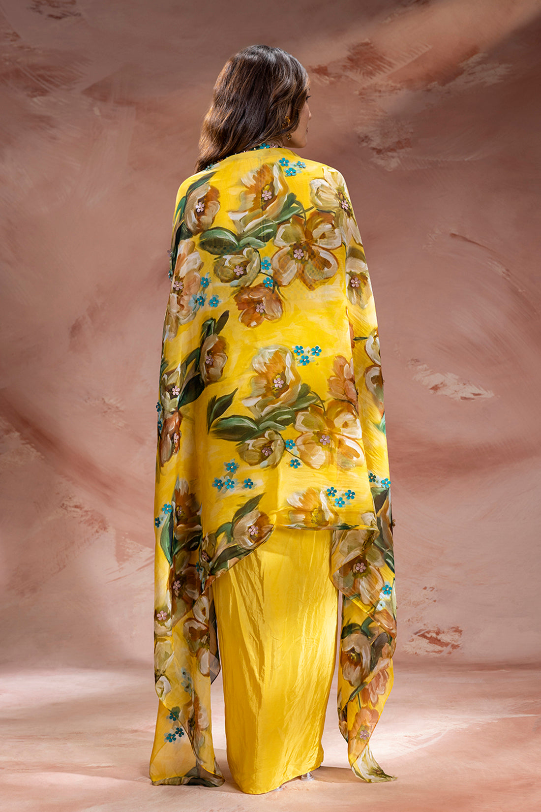 ZEYA EMBELLISHED DRAPE SKIRT SET WITH CAPE