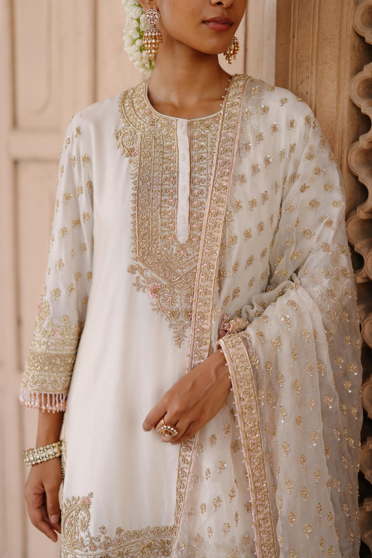 ANSHA - DAISY IVORY SHORT KURTA SET WITH SALWAR & DUPATTA