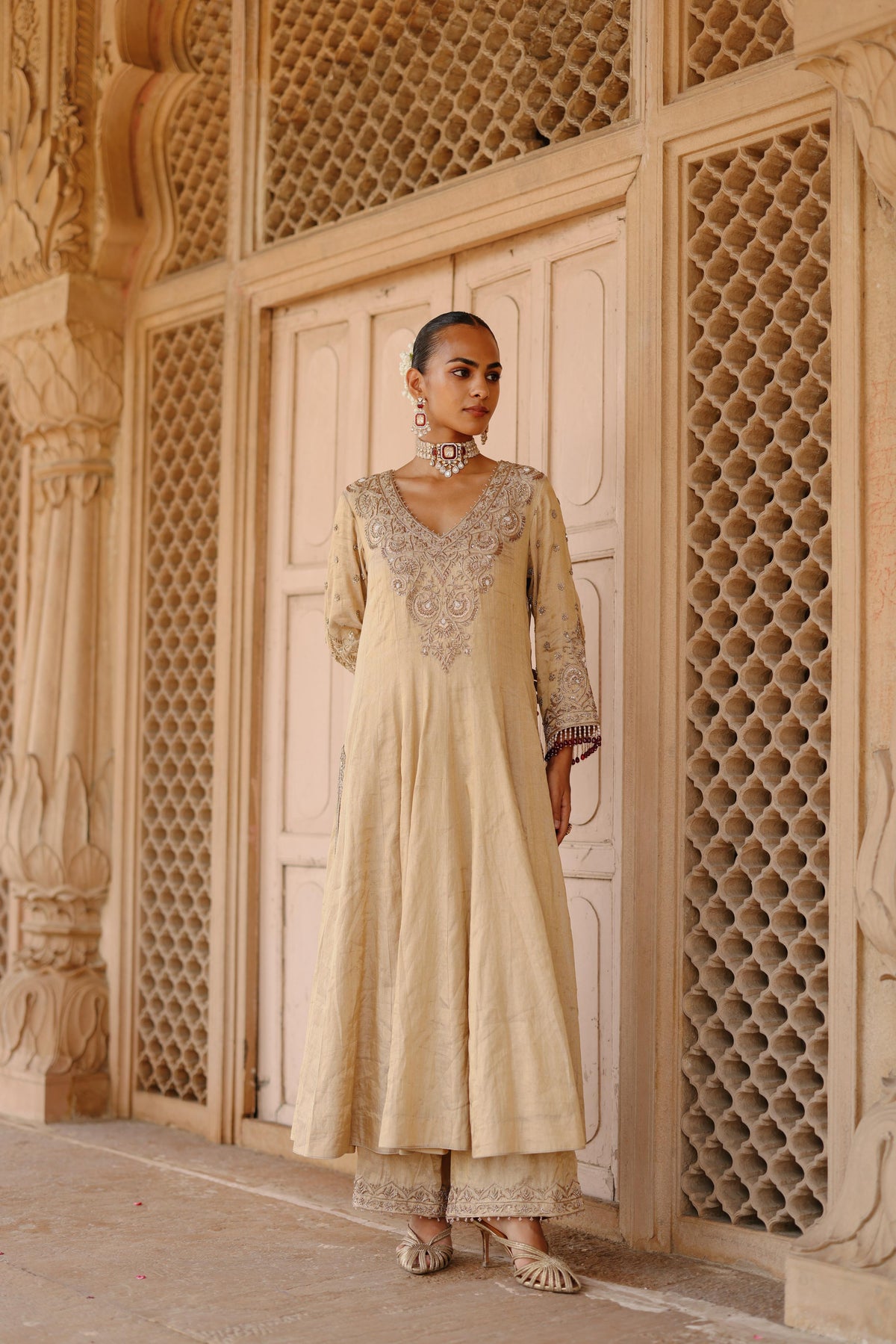 ROOH – GOLD TISSUE LONG KALIDAAR ANARKALI SET WITH PALAZZO & DUPATTA