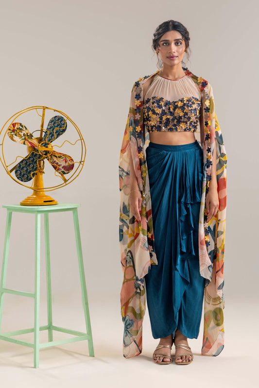 FLORA EMBROIDERED DRAPE SKIRT SET WITH A CAPE