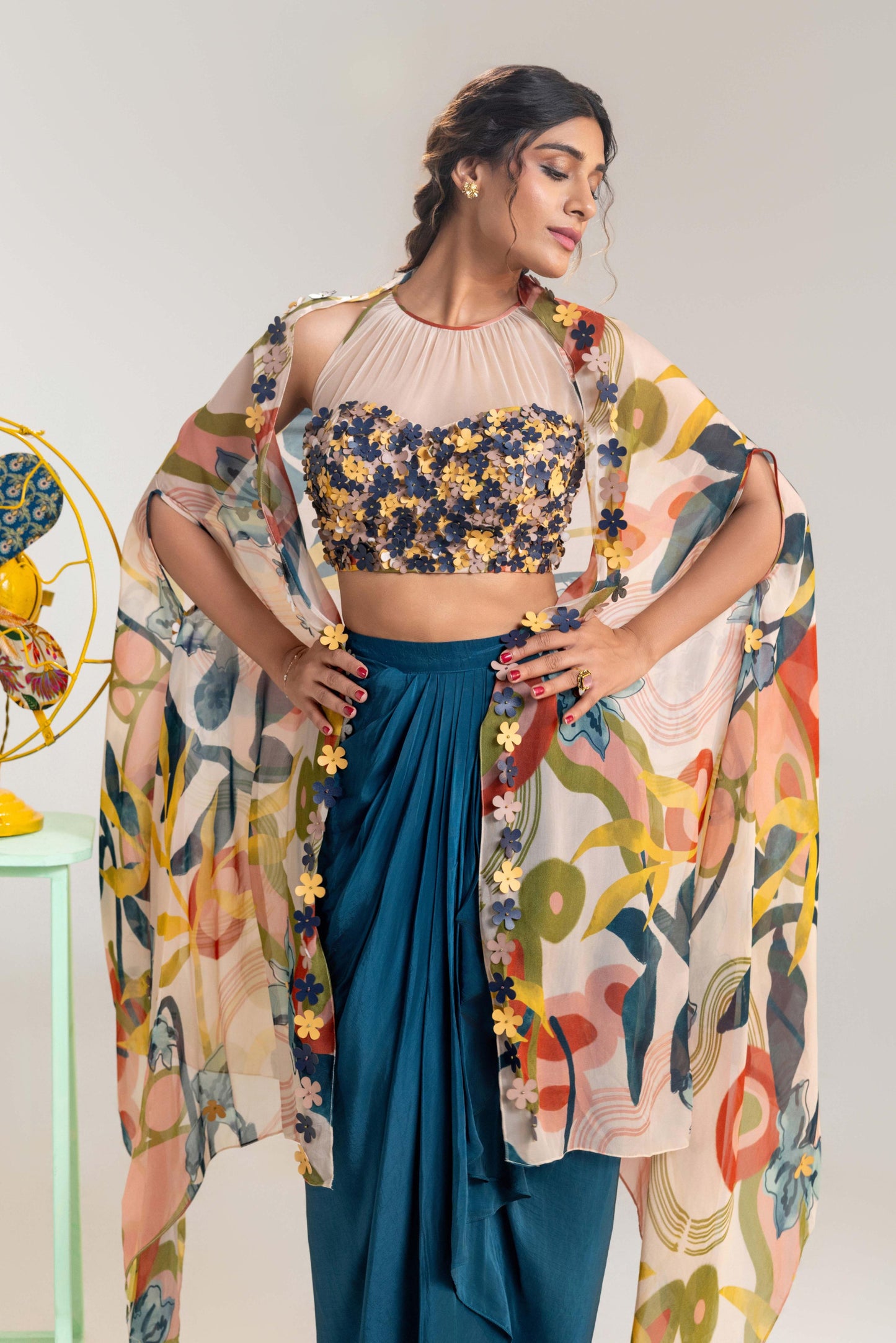 FLORA EMBROIDERED DRAPE SKIRT SET WITH A CAPE