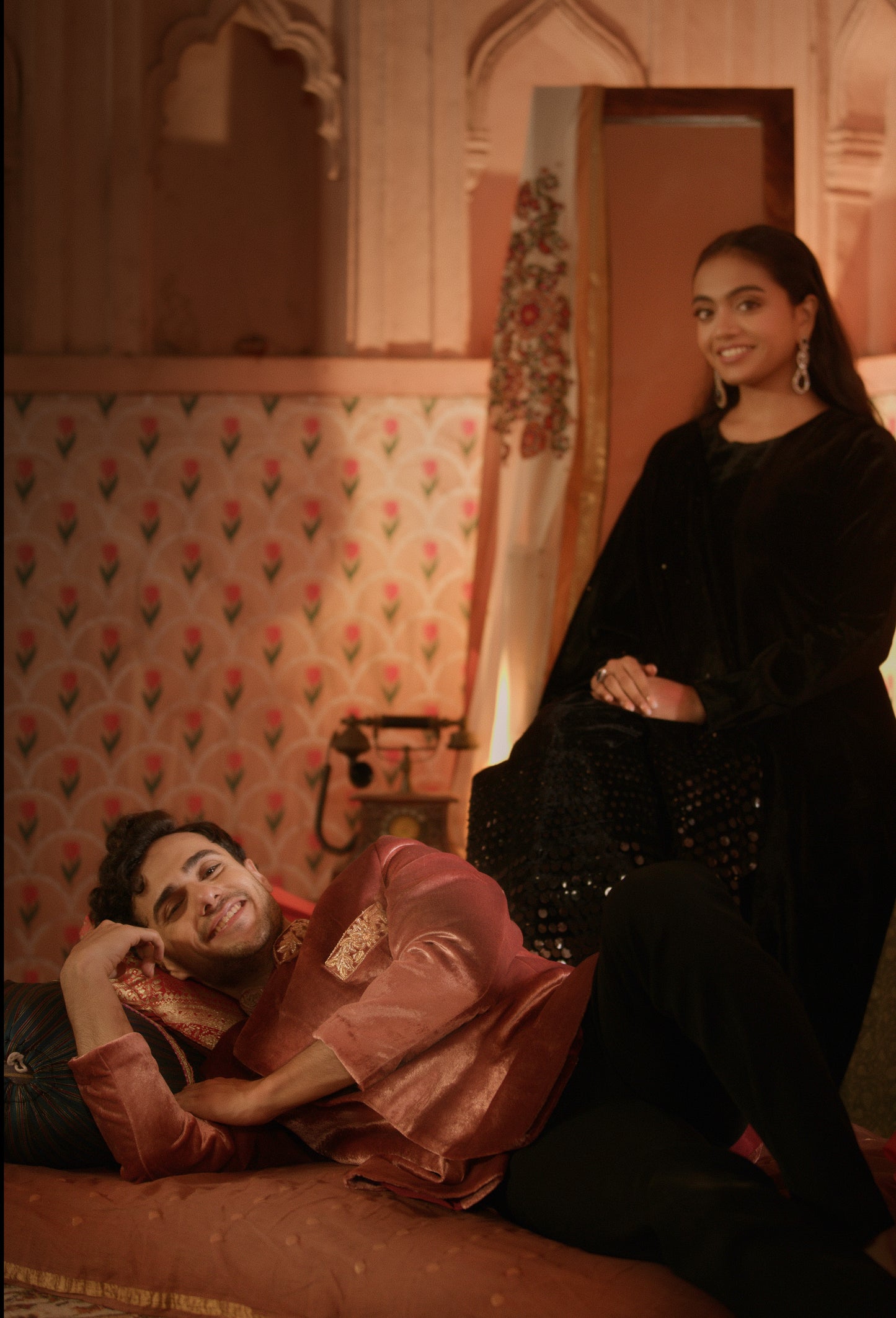 VELVET ANARKALI WITH VELVET PANTS AND HEAVY SEQUIN DUPATTA