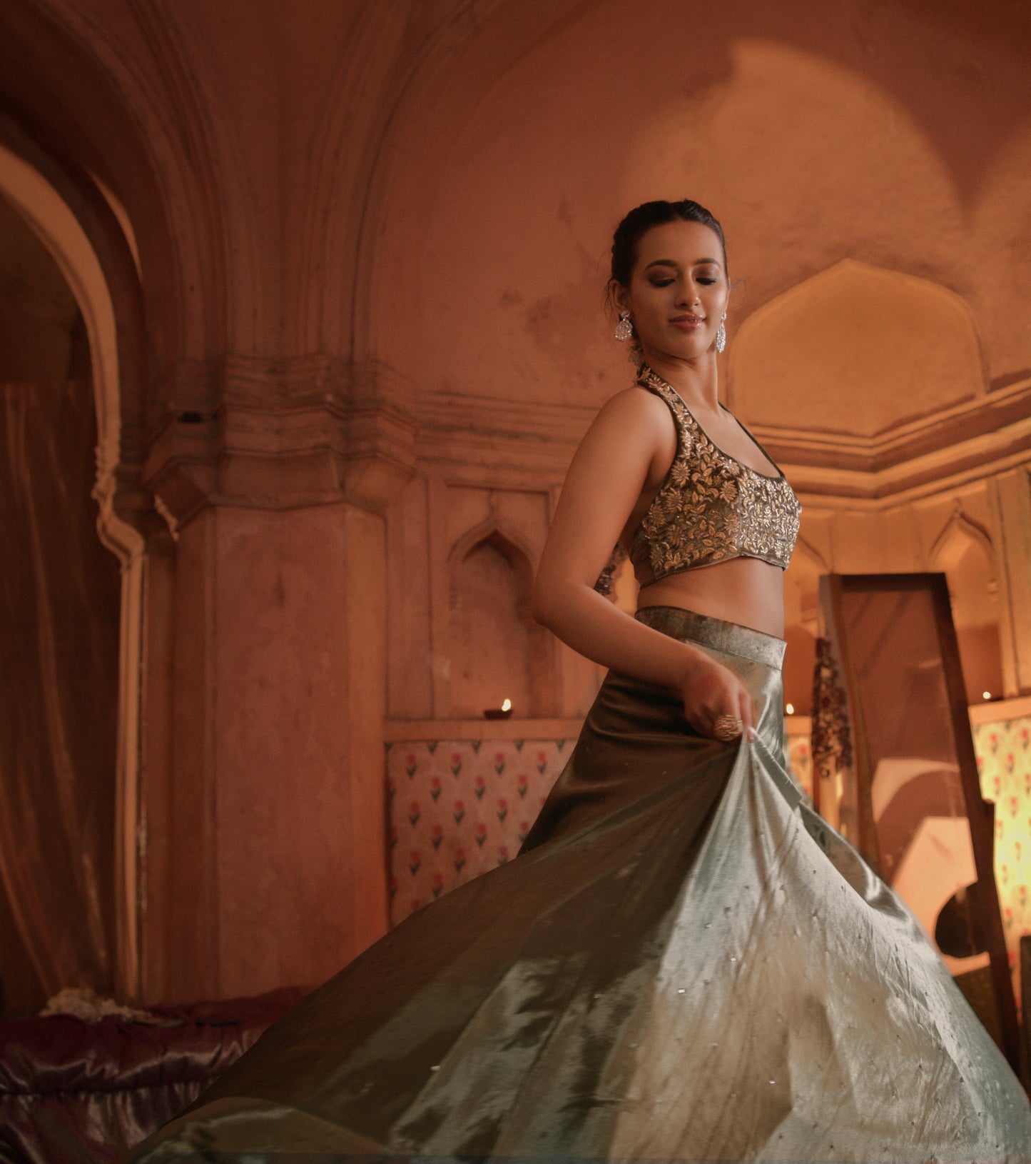 SEQUIN LEHENGA SET WITH HALTER BLOUSE & DETACHABLE JACKET