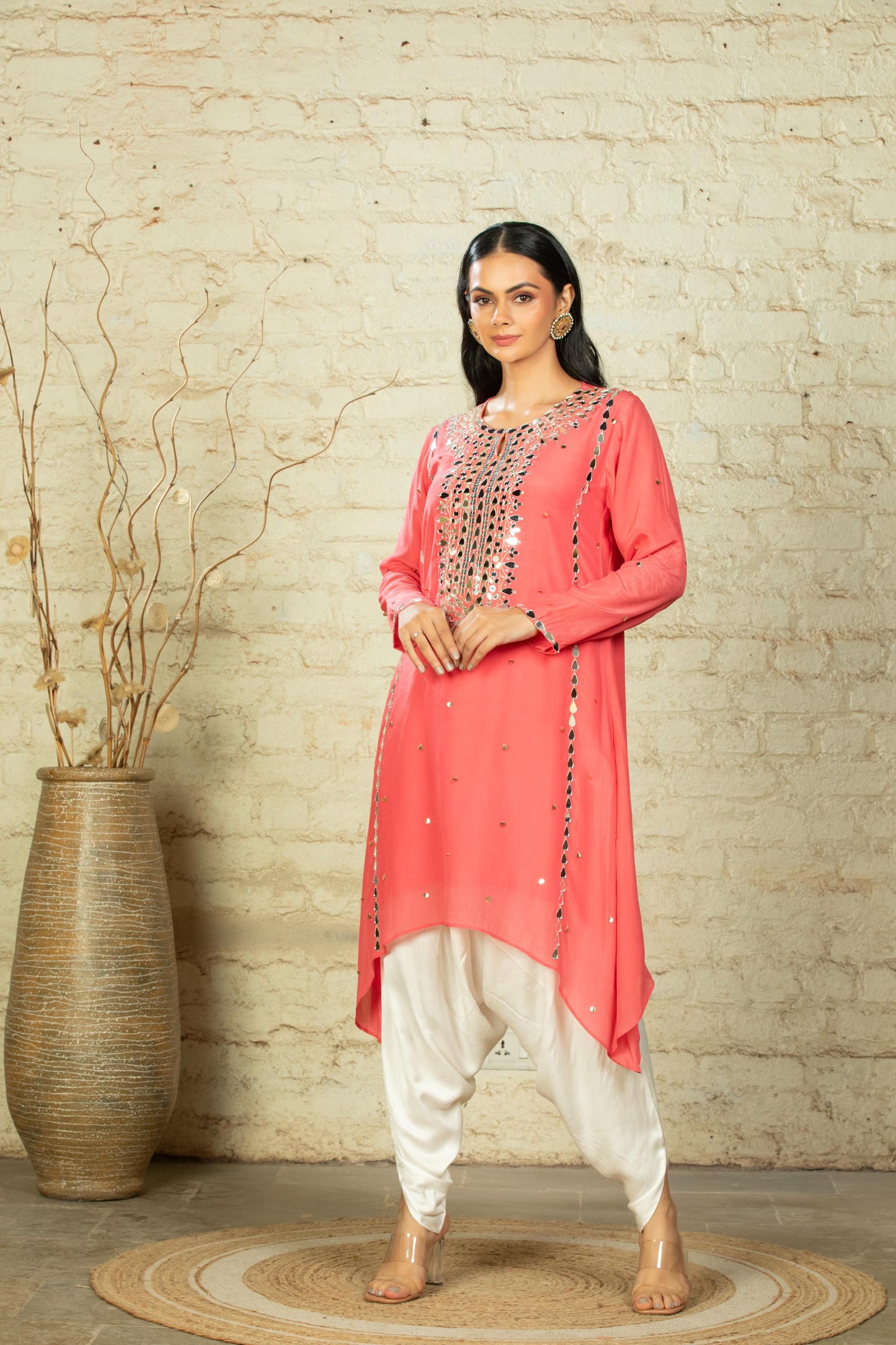 TARANA SOLID C CUT CORAL TUNIC & DHOTI