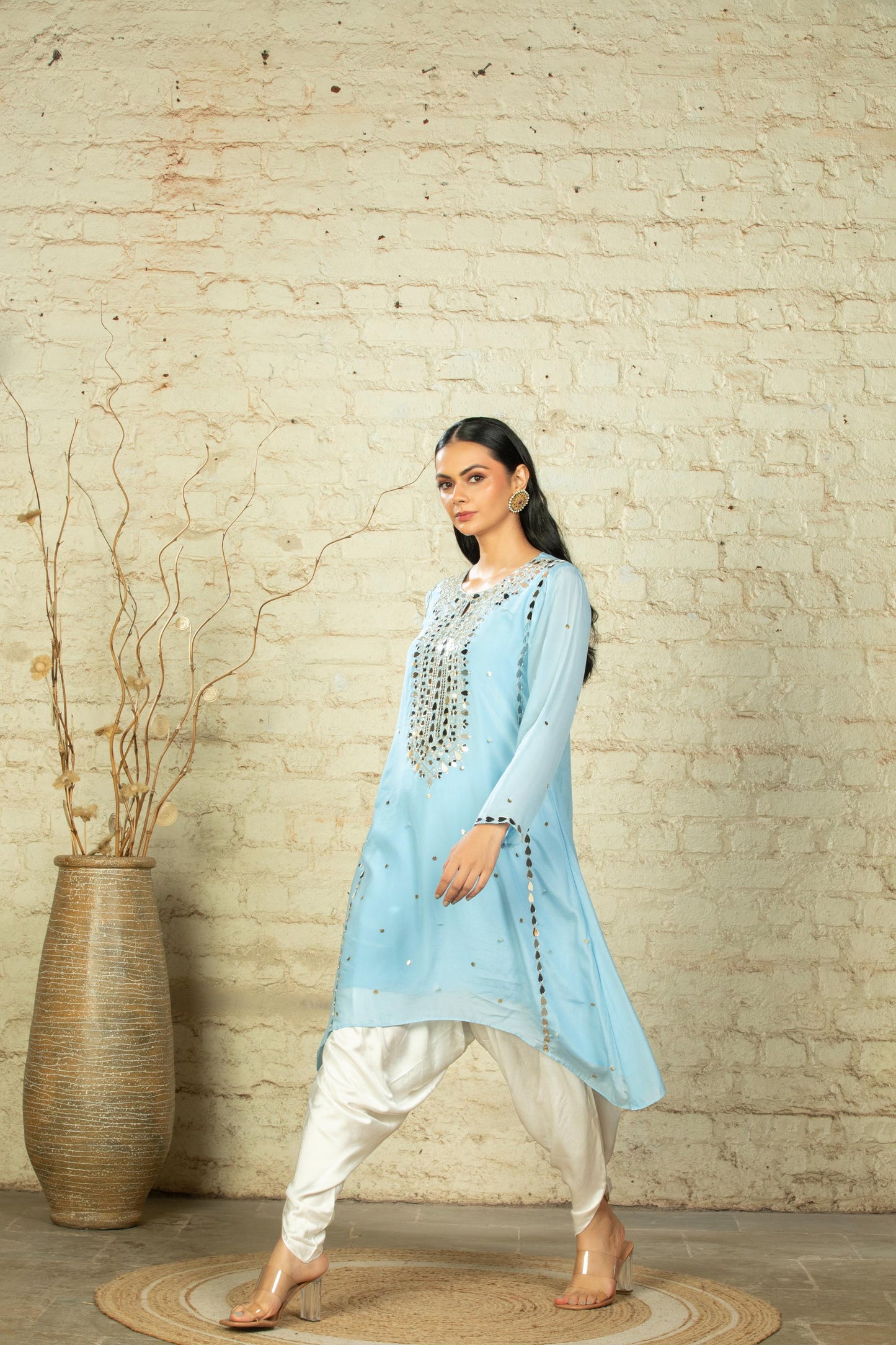 TARANA SOLID C CUT POWDER BLUE TUNIC & DHOTI