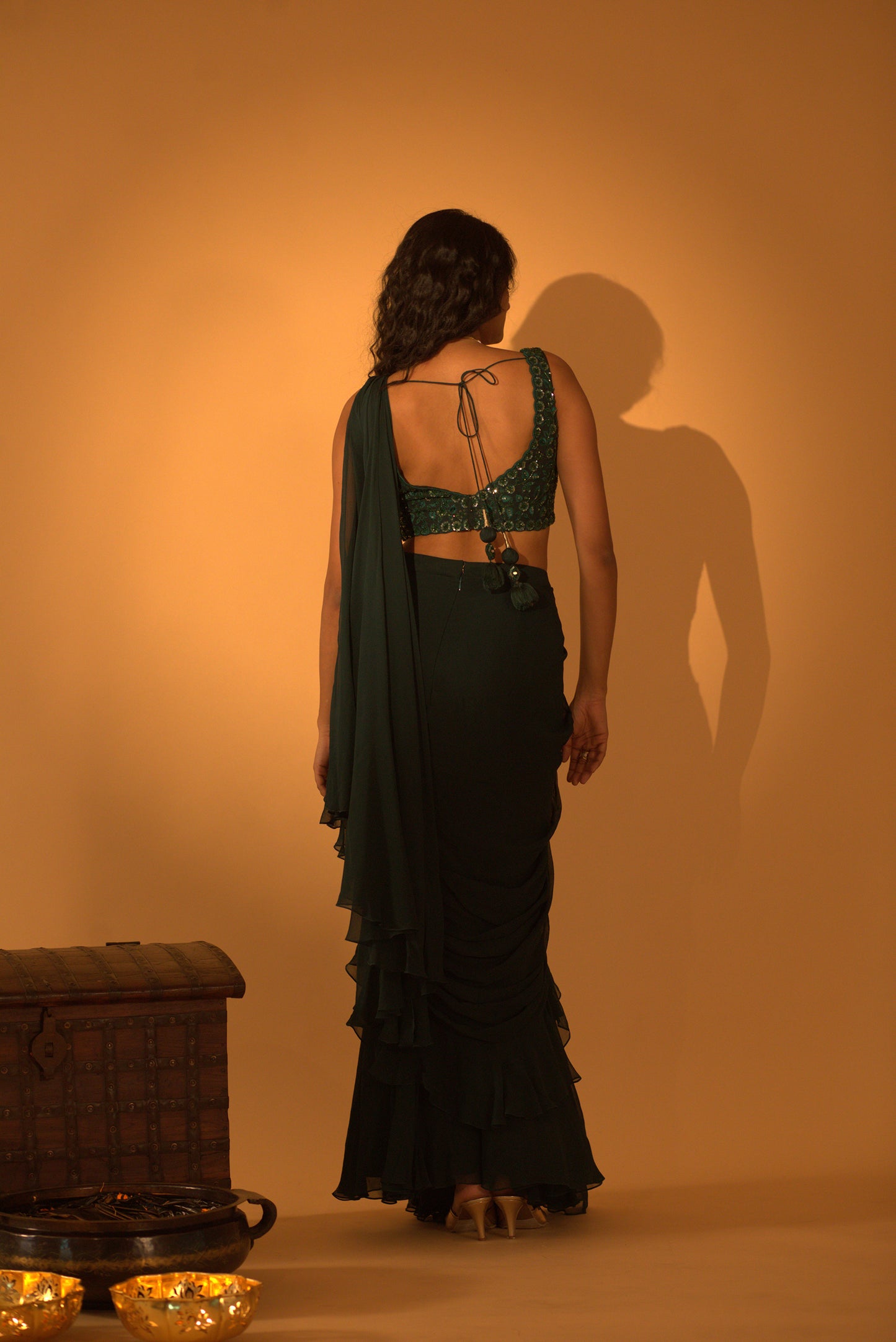 BOTTLE GREEN SAREE SET