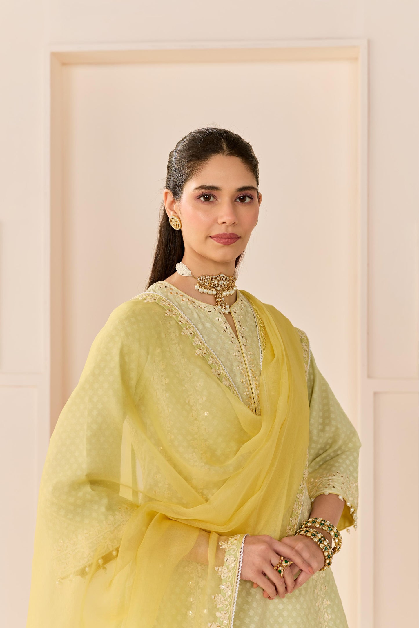 FIRDAUS - MINT GREEN LONG KALIDAAR CHAUGA WITH DOGRI SALWAR AND DUPATTA