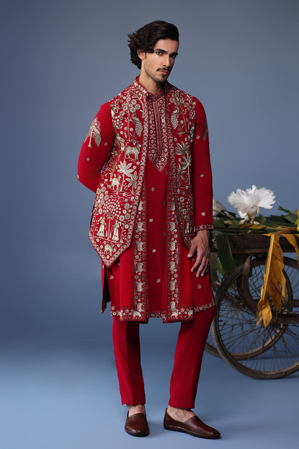 HEER PICHWAI RESHAM HOT PINK KURTA JACKET SET