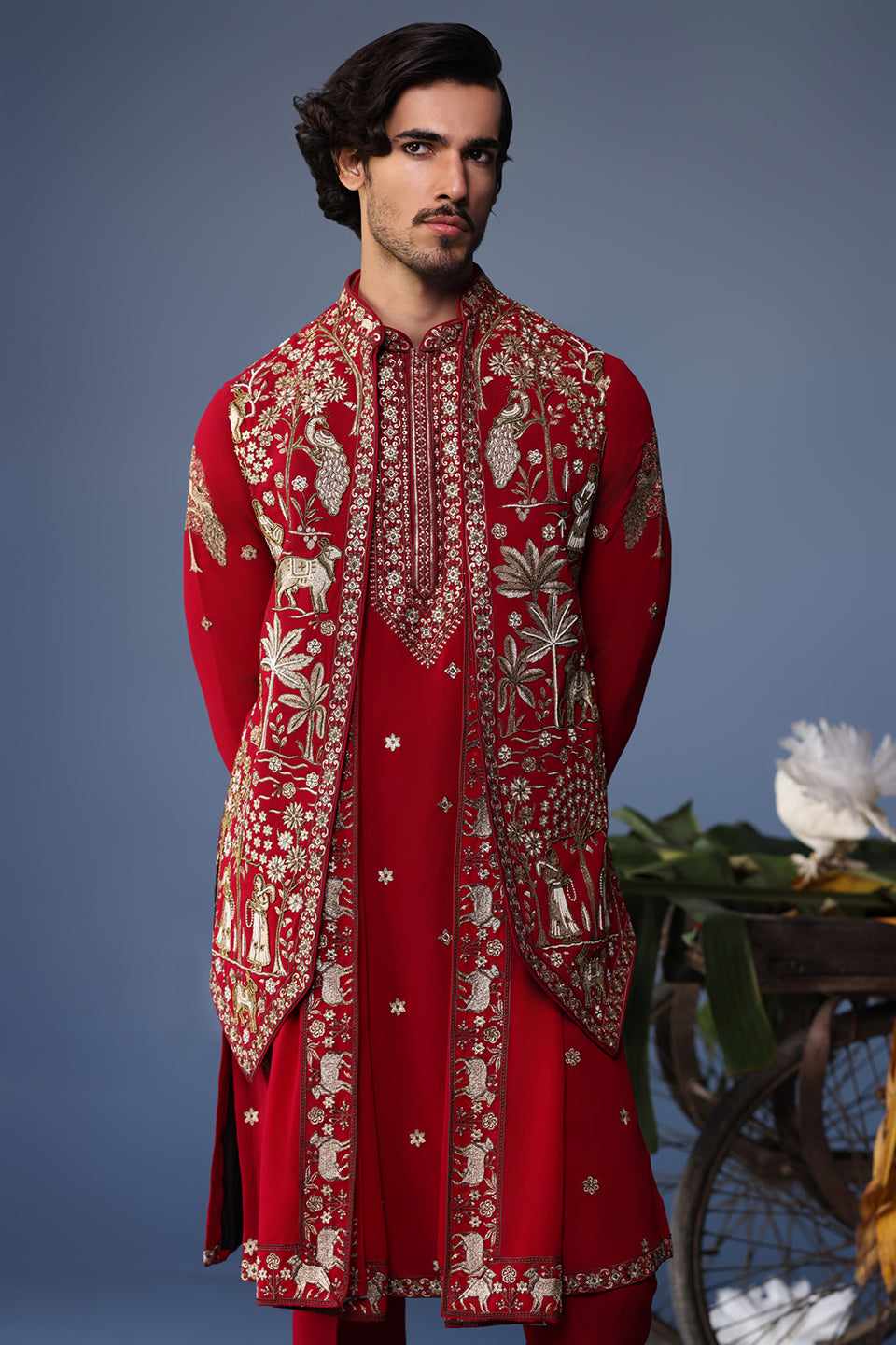 HEER PICHWAI RESHAM HOT PINK KURTA JACKET SET