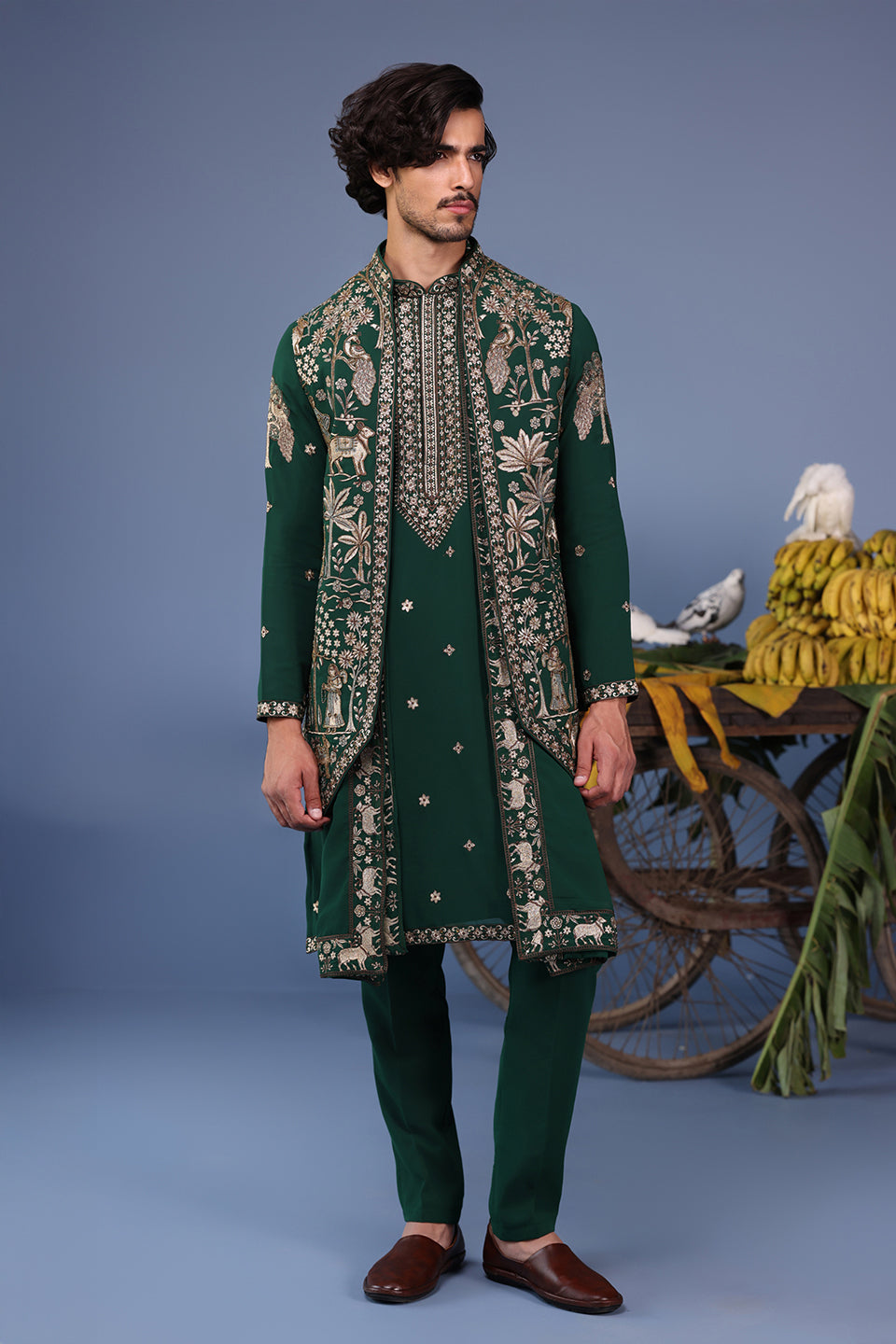 AZAN PICHWAI ZARI BOTTLE GREEN KURTA SET