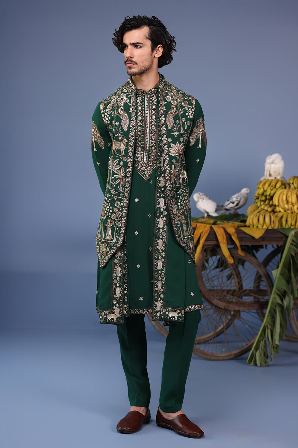 AZAN PICHWAI ZARI BOTTLE GREEN KURTA SET