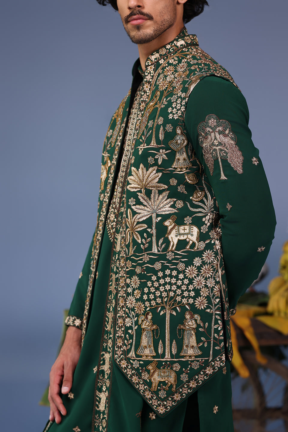 AZAN PICHWAI ZARI BOTTLE GREEN KURTA SET