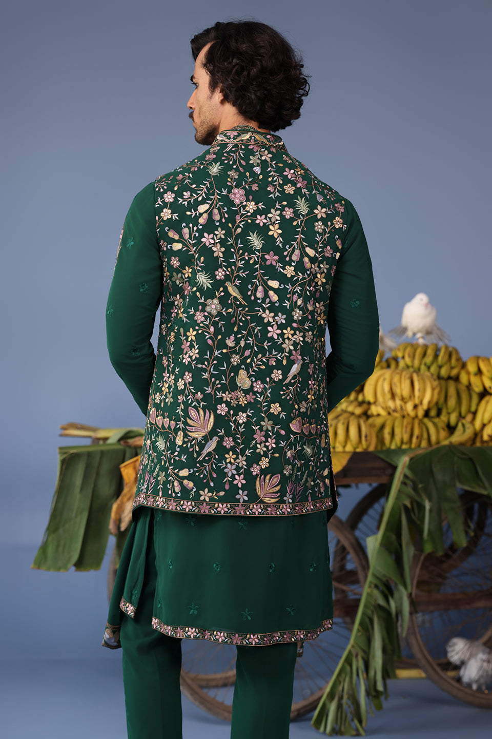 AZLAAN WILD GRACE BOTTLE GREEN KURTA JACKET SET
