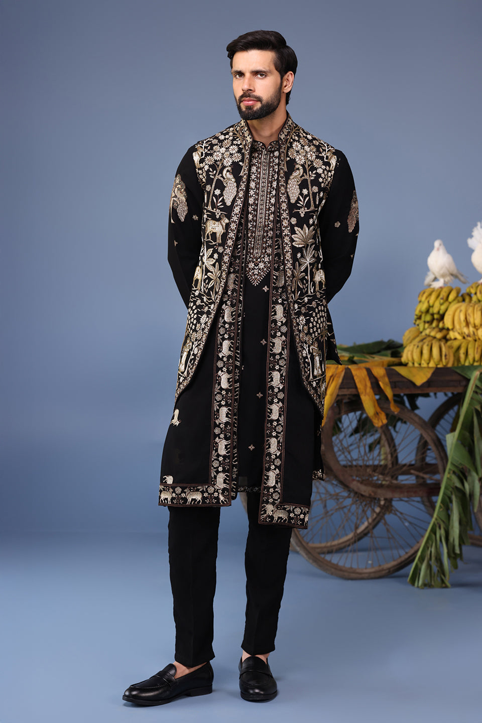 ZUBIR PICHWAI ZARI BLACK KURTA JACKET SET