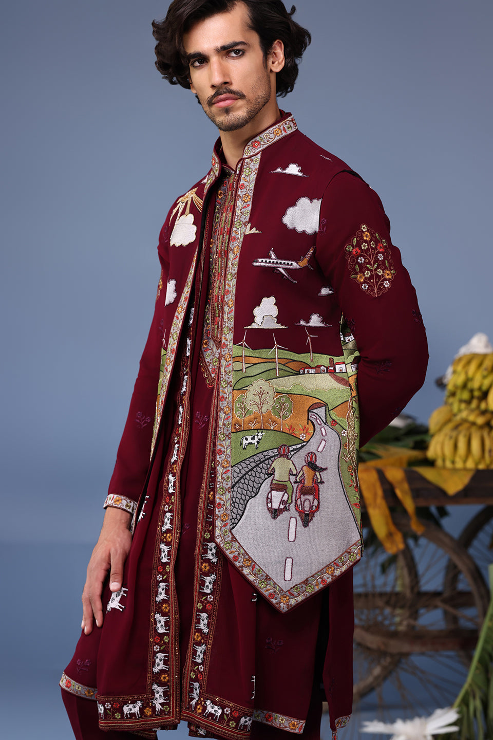 MUSAAFIR WINE KURTA JACKET SET