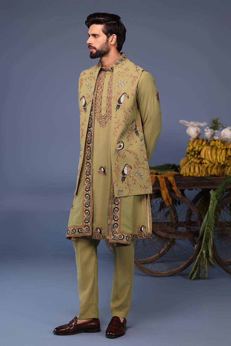 FIRAS MACAW MEHNDI KURTA JACKET SET