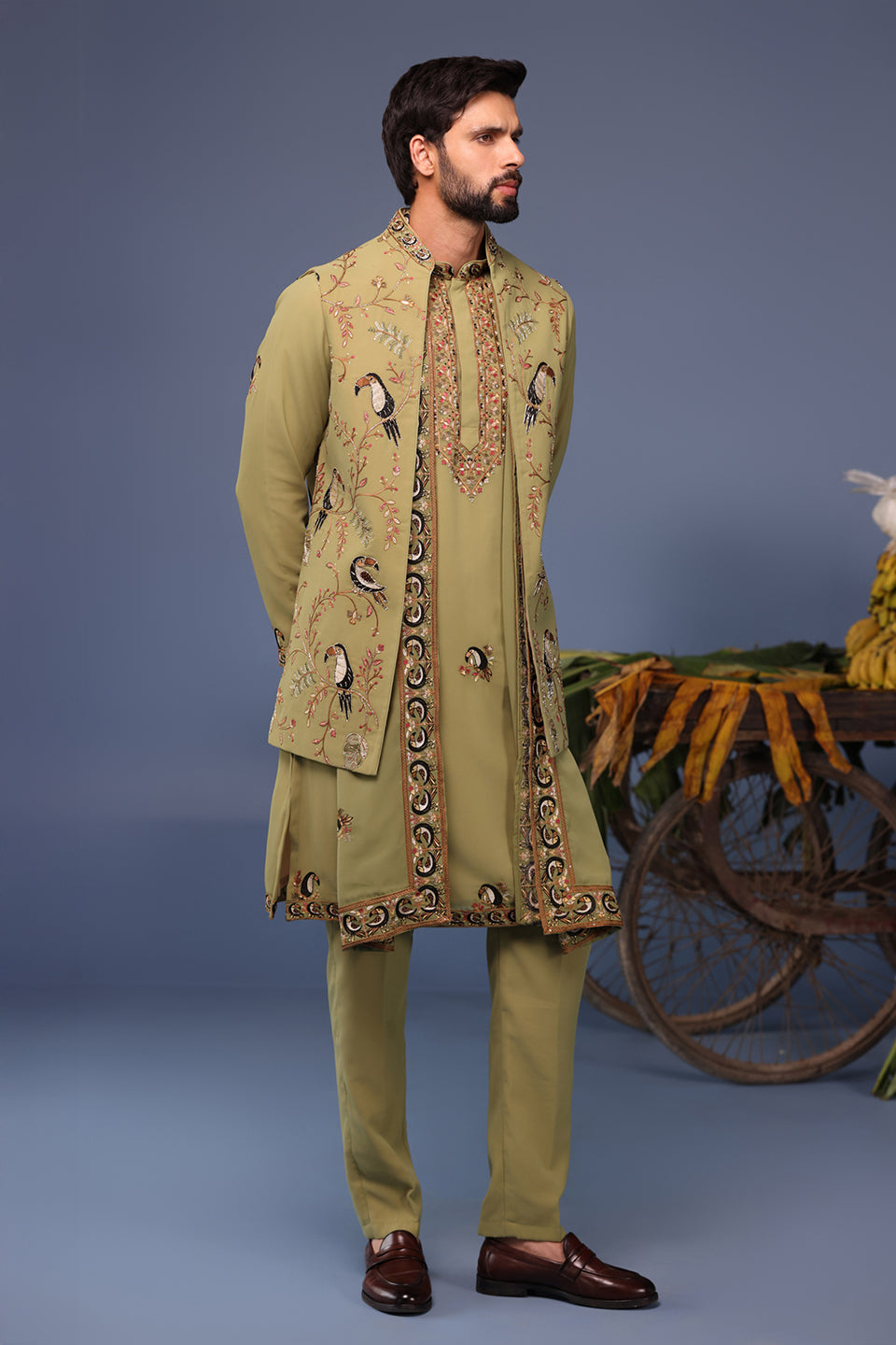 FIRAS MACAW MEHNDI KURTA JACKET SET