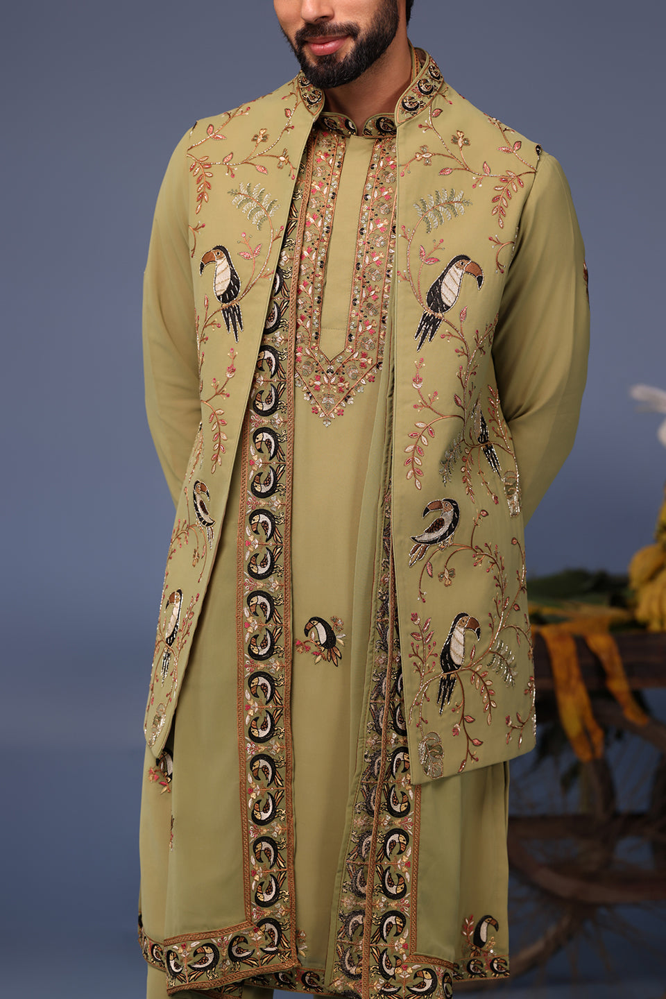 FIRAS MACAW MEHNDI KURTA JACKET SET