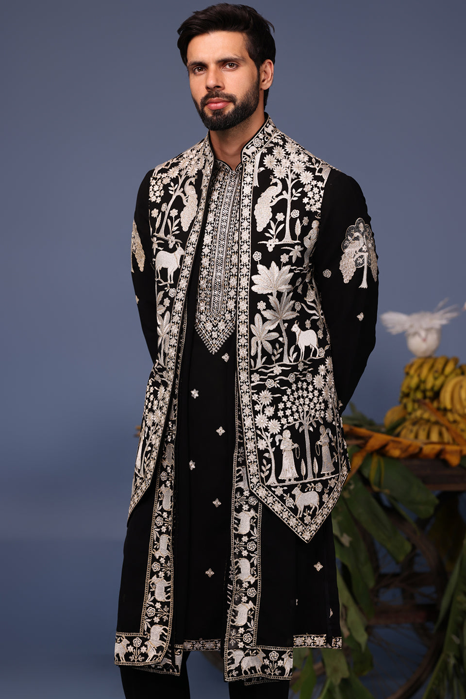 TALHA PICHWAI RESHAM BLACK KURTA JACKET SET