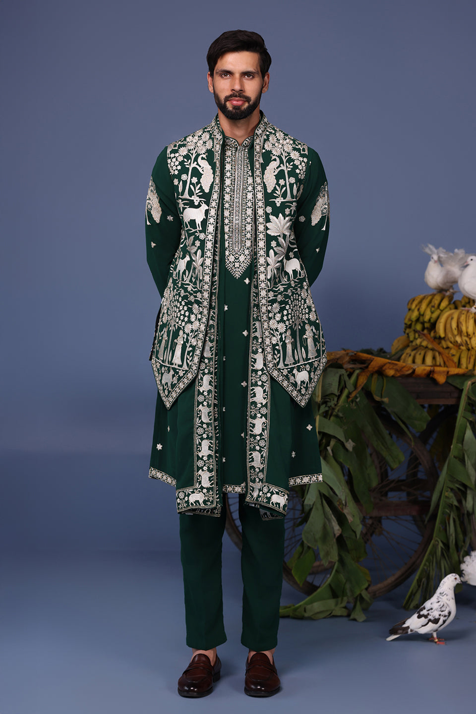 HAIZ PICHWAI RESHAM BOTTLE GREEN KURTA JACKET SET