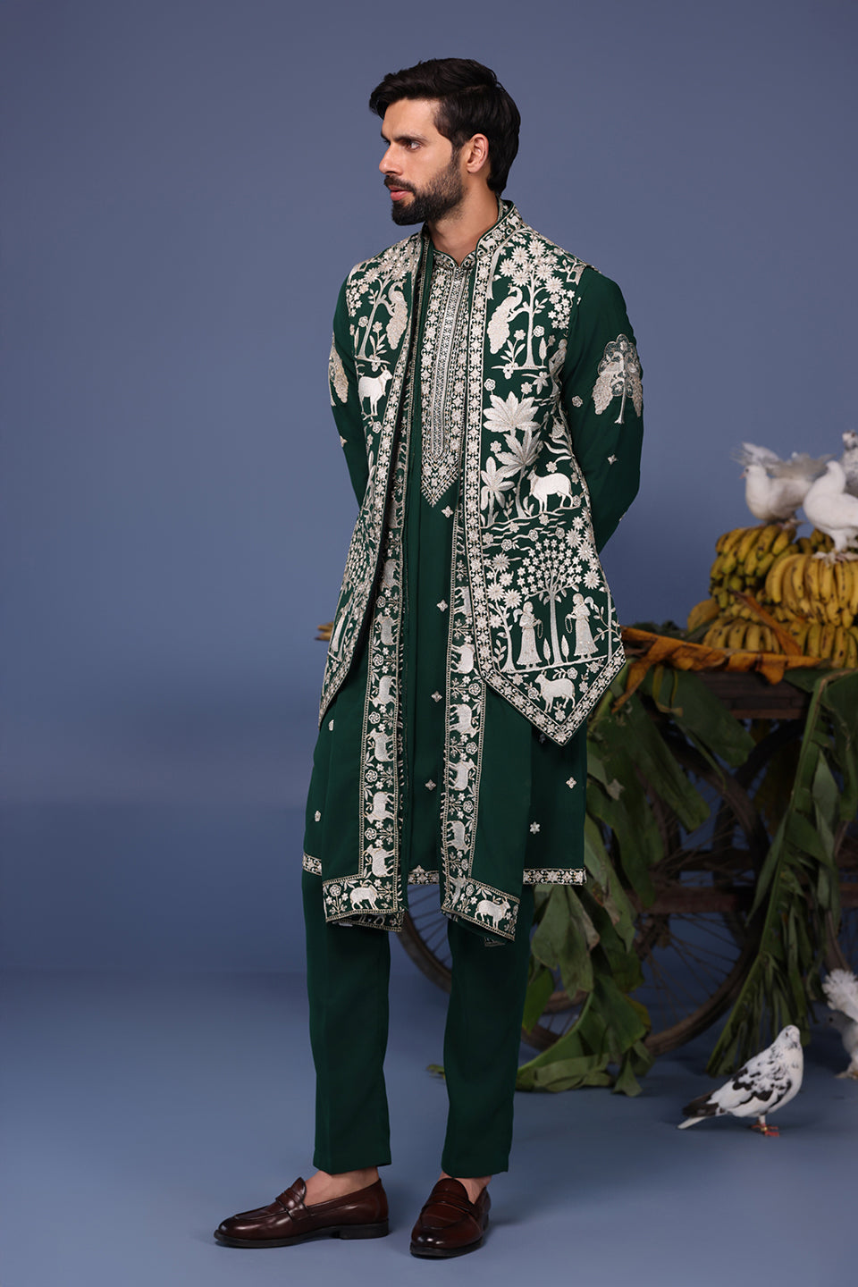 HAIZ PICHWAI RESHAM BOTTLE GREEN KURTA JACKET SET
