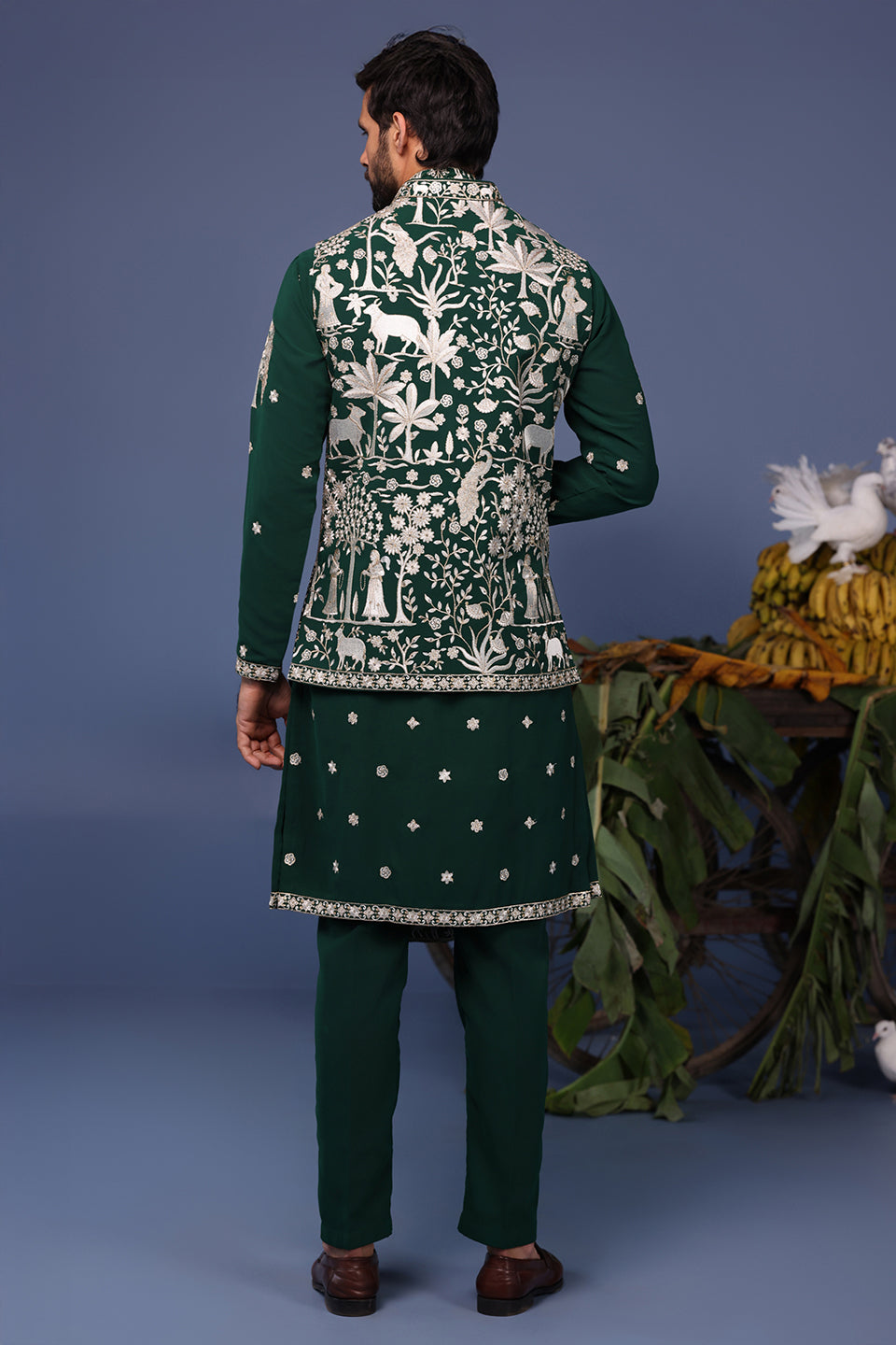 HAIZ PICHWAI RESHAM BOTTLE GREEN KURTA JACKET SET