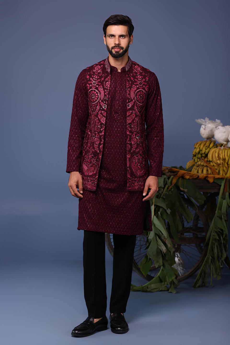 YASIR WINE KURTA JACKET SET