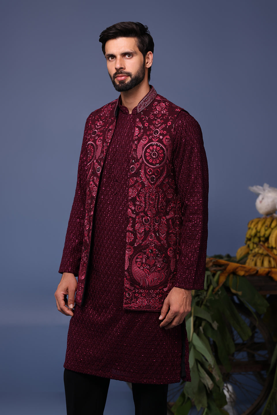 YASIR WINE KURTA JACKET SET