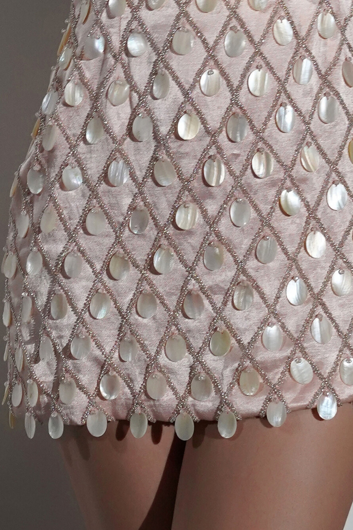MADELINE SALMON PEACH MOTHER OF PEARL EMBELLISHED MINI DRESS