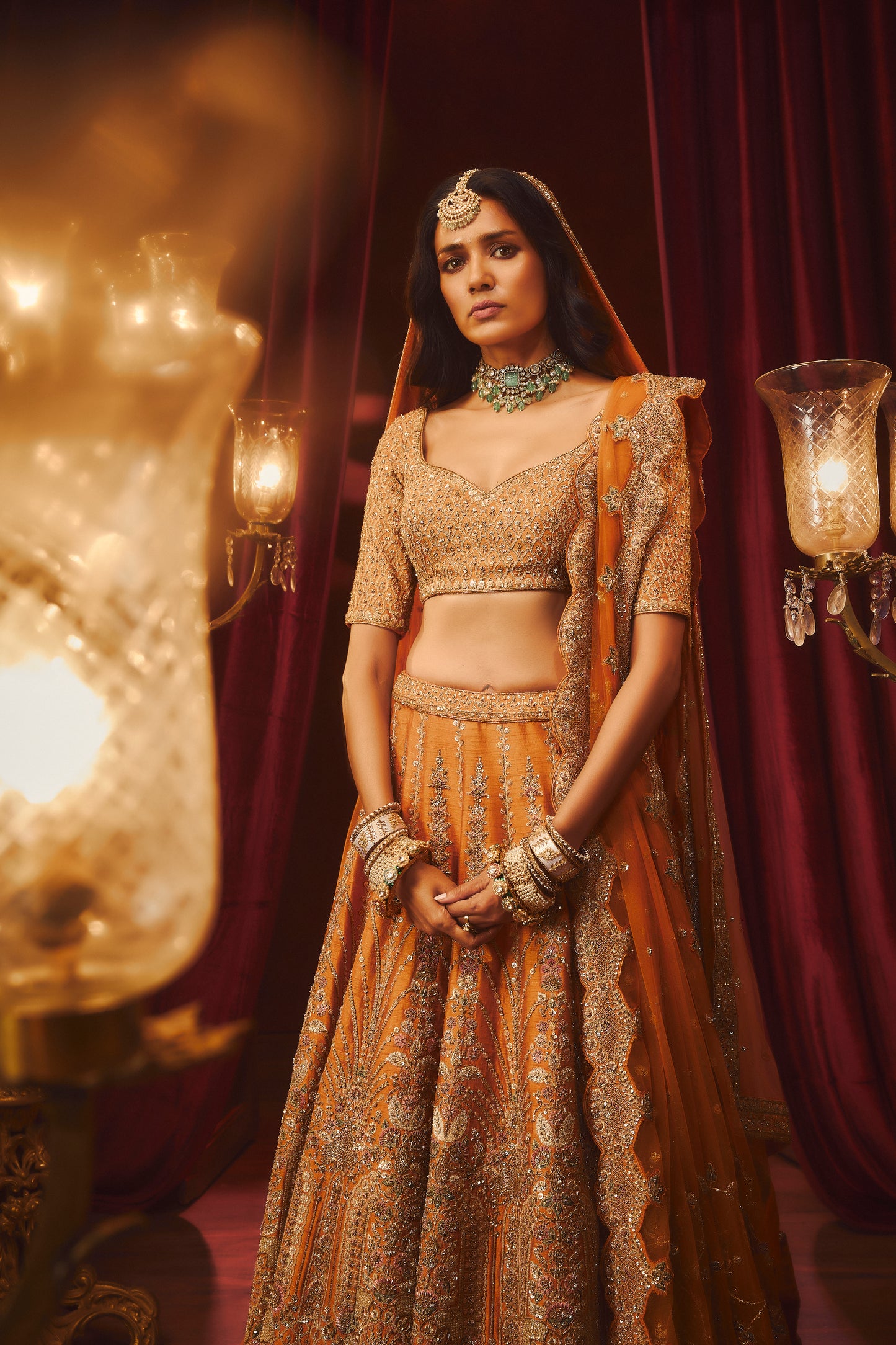 RUST RAW SILK EMBROIDERED LEHENGA SET