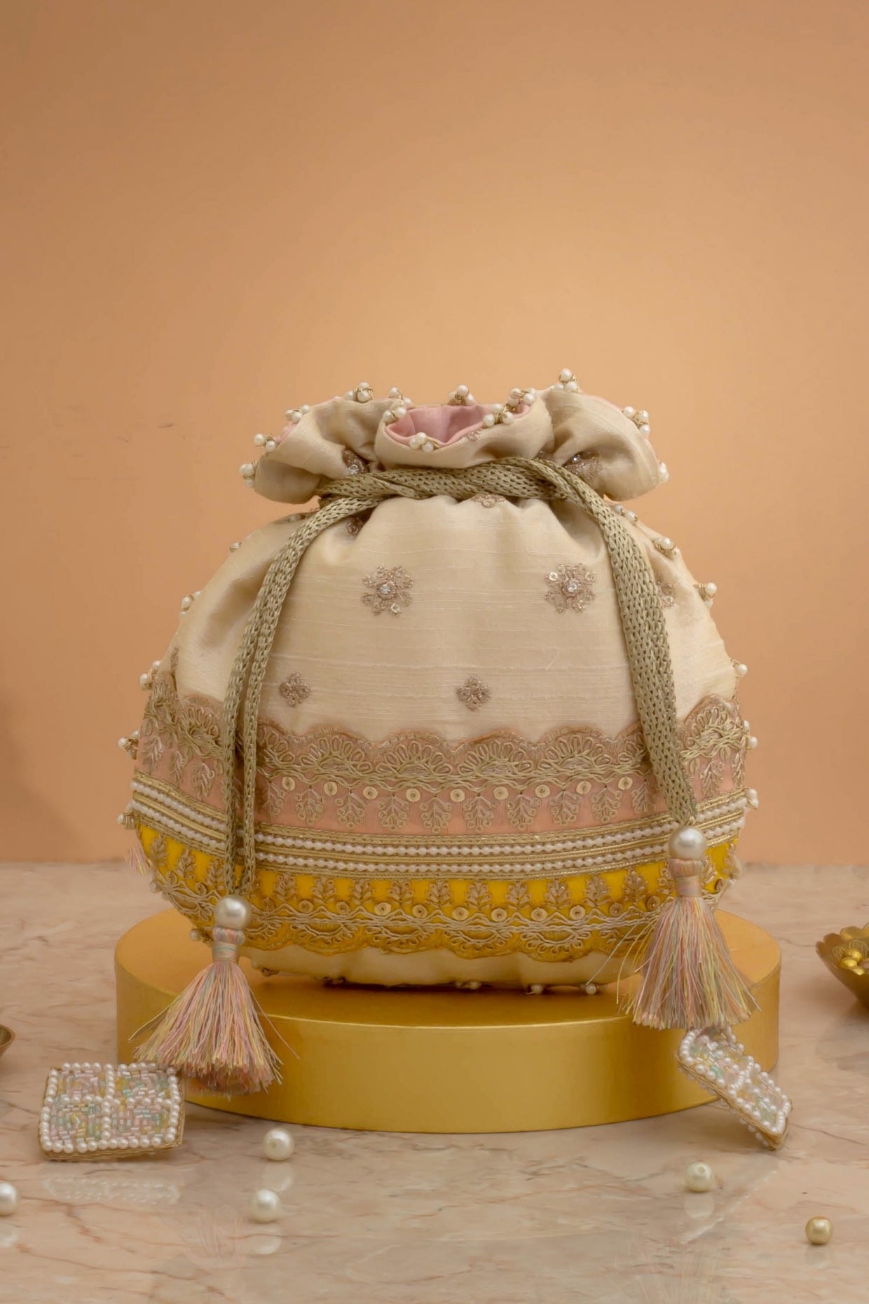 VIBHA EMBROIDERED POTLI - PINK & YELLOW