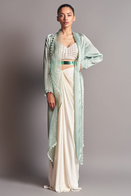 EMBROIDERED BLOUSE WITH CAPE & DRAPED SKIRT