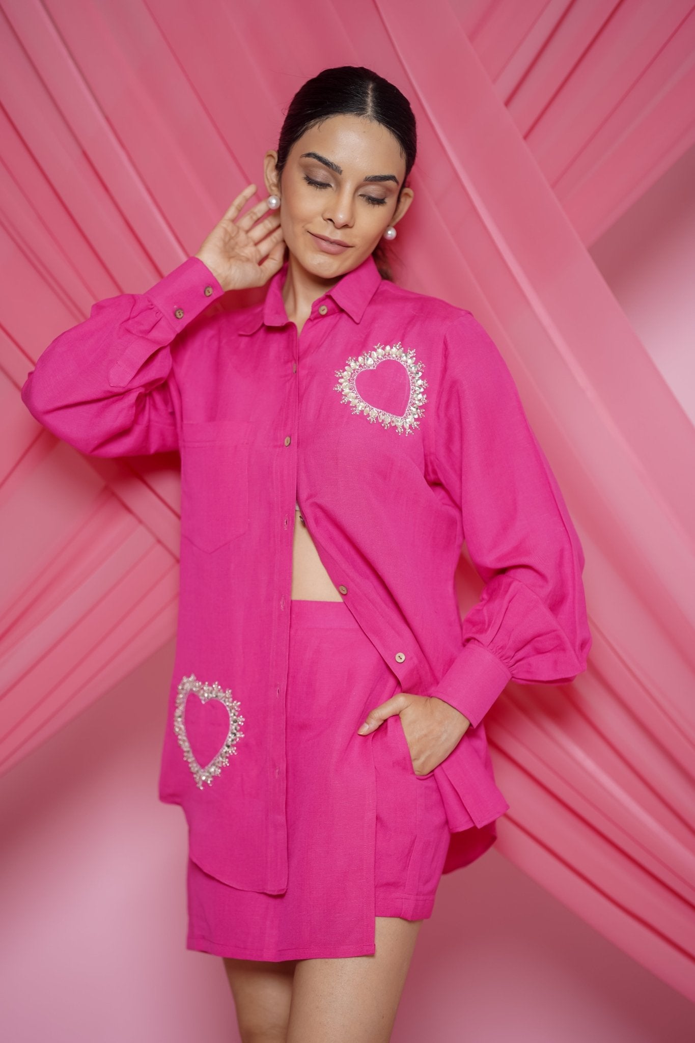 AMOUR HEART COORD SET IN FUCHSIA - White Maison de Couture