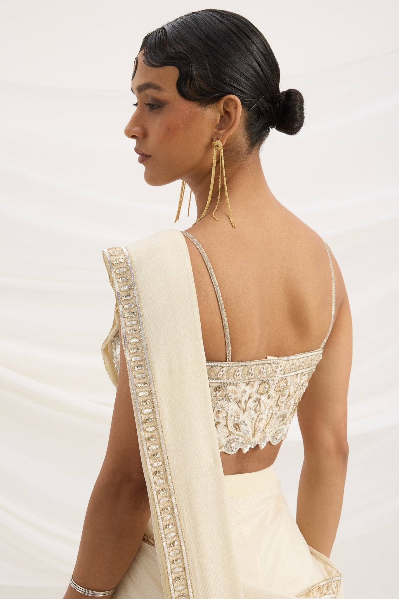 BEIGE DRAPE SET SAREE WITH EMBROIDERED BLOUSE - White Maison de Couture