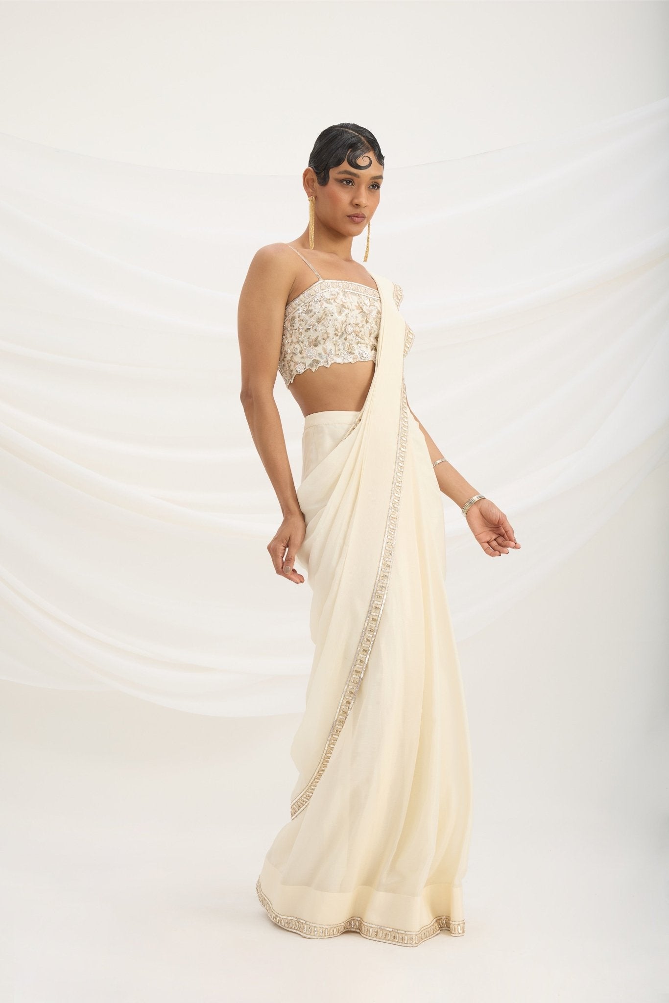 BEIGE DRAPE SET SAREE WITH EMBROIDERED BLOUSE - White Maison de Couture
