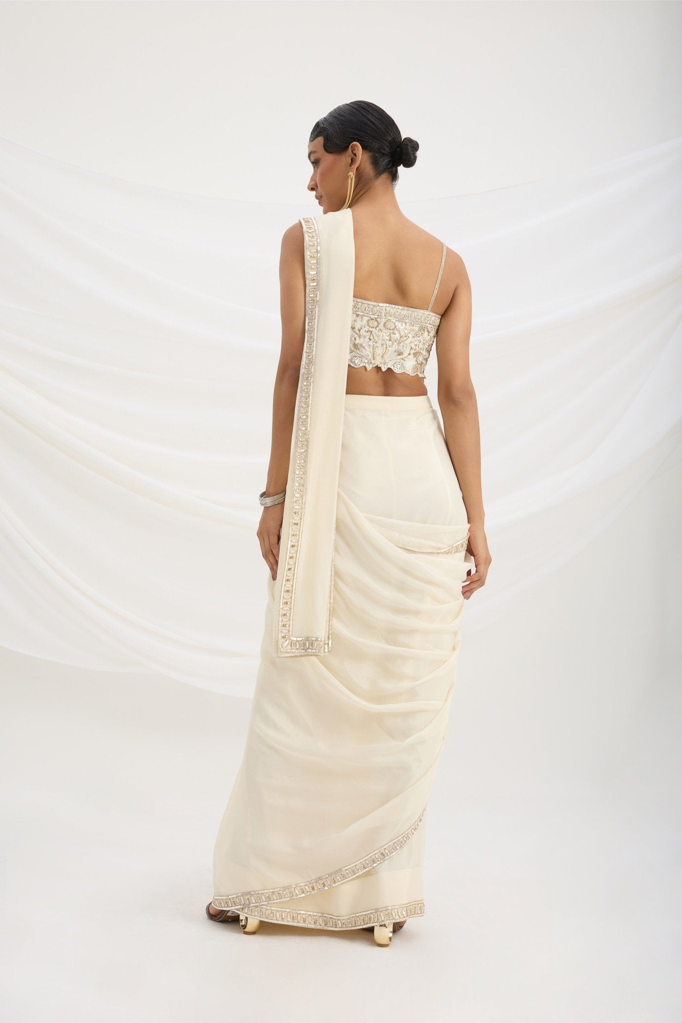 BEIGE DRAPE SET SAREE WITH EMBROIDERED BLOUSE - White Maison de Couture