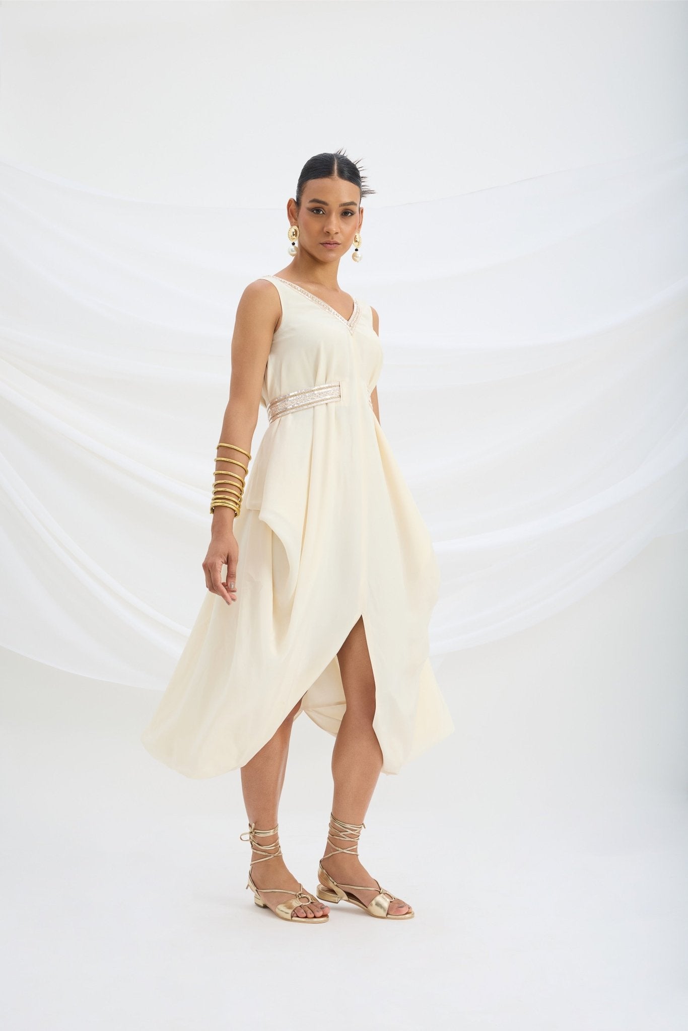 BEIGE EMBROIDERED DRAPE DRESS - White Maison de Couture