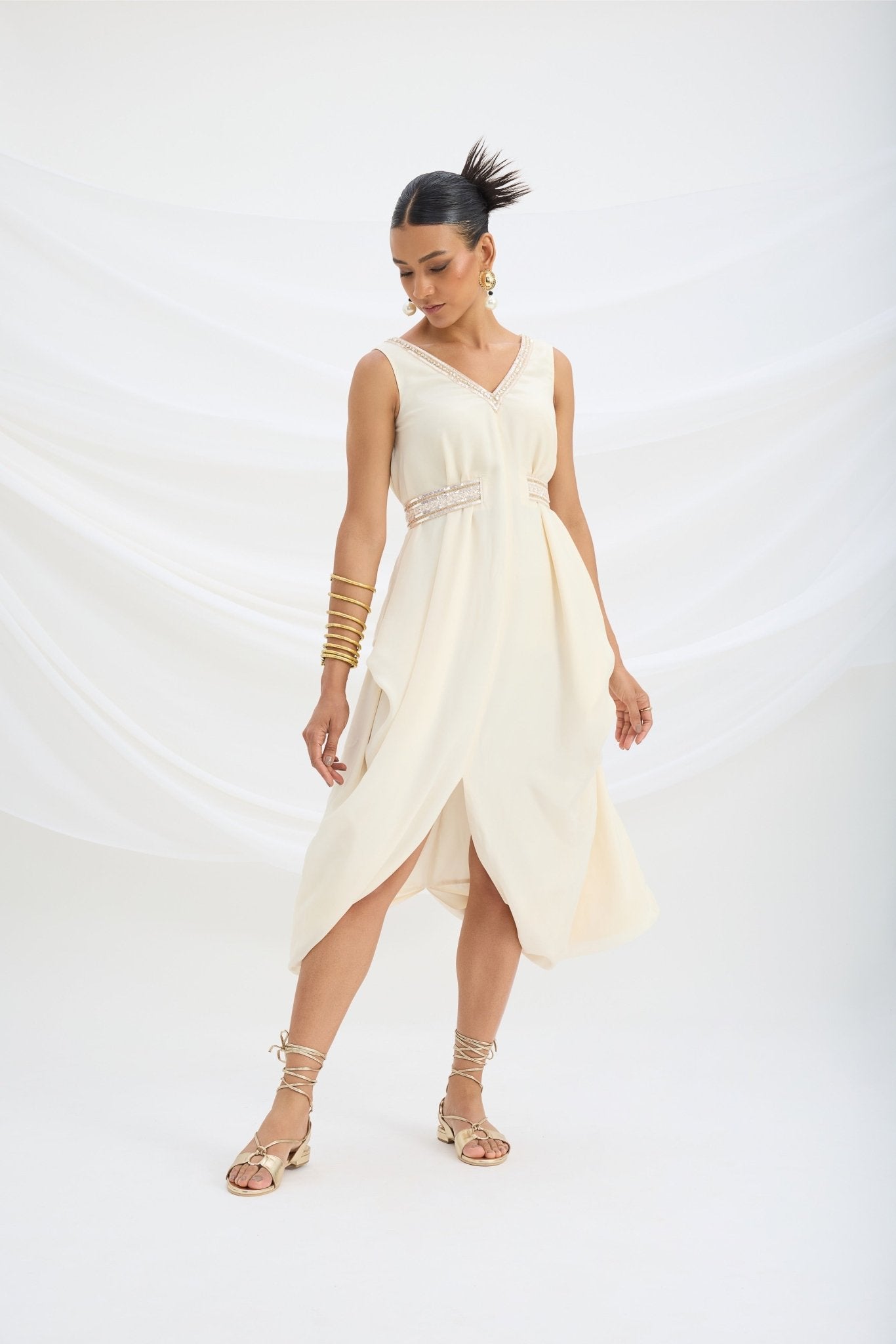 BEIGE EMBROIDERED DRAPE DRESS - White Maison de Couture