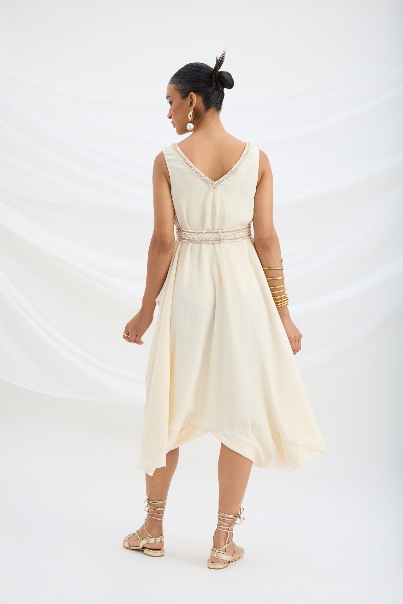 BEIGE EMBROIDERED DRAPE DRESS - White Maison de Couture