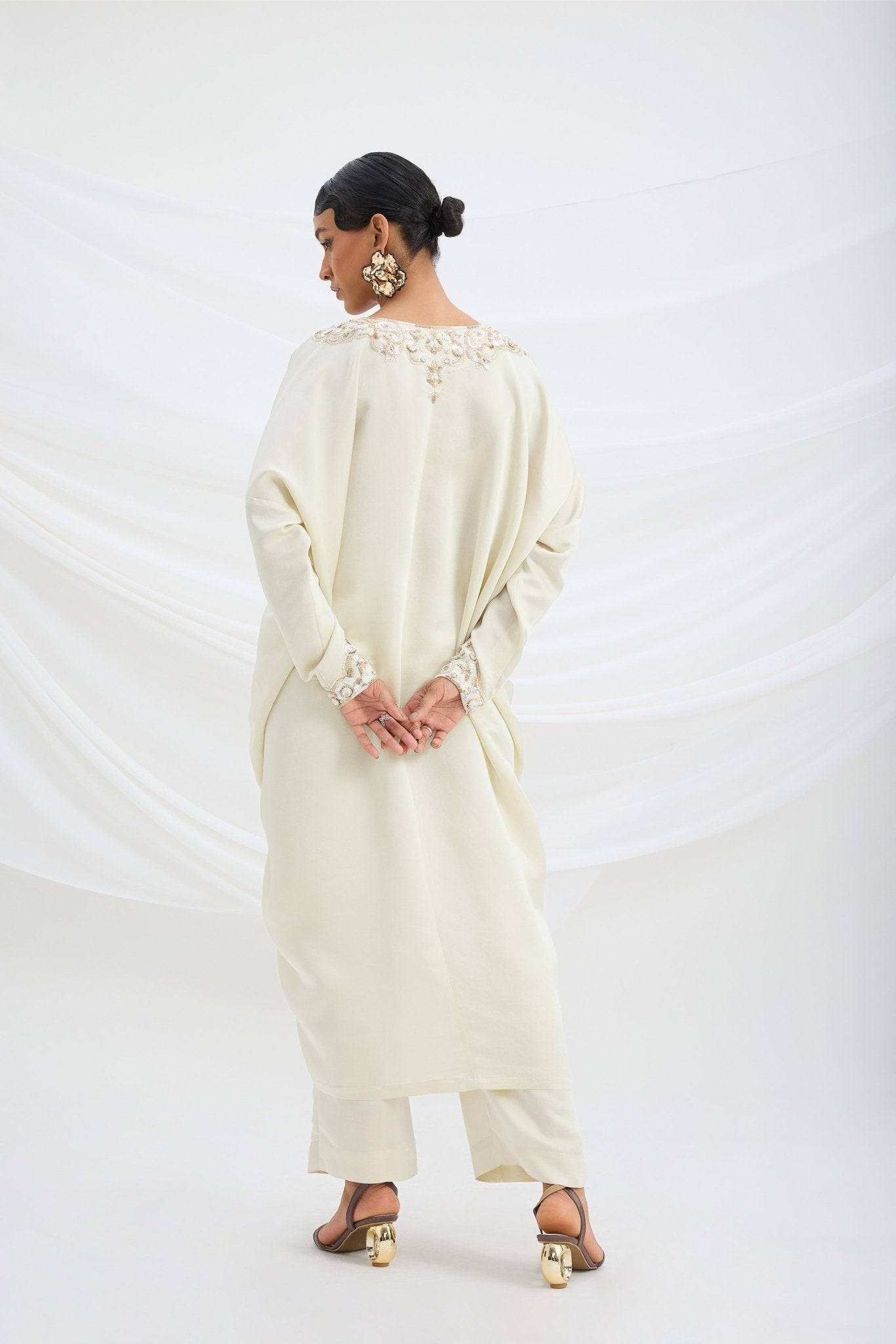 BEIGE EMBROIDERED DRAPED KAFTAN WITH BOTTOM - White Maison de Couture