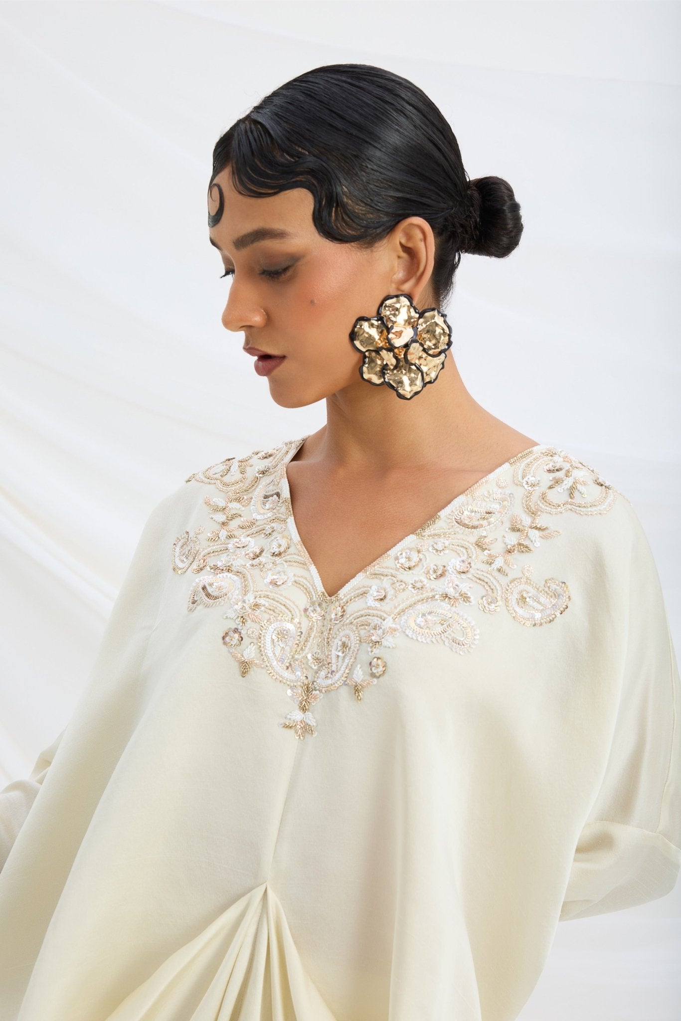 BEIGE EMBROIDERED DRAPED KAFTAN WITH BOTTOM - White Maison de Couture