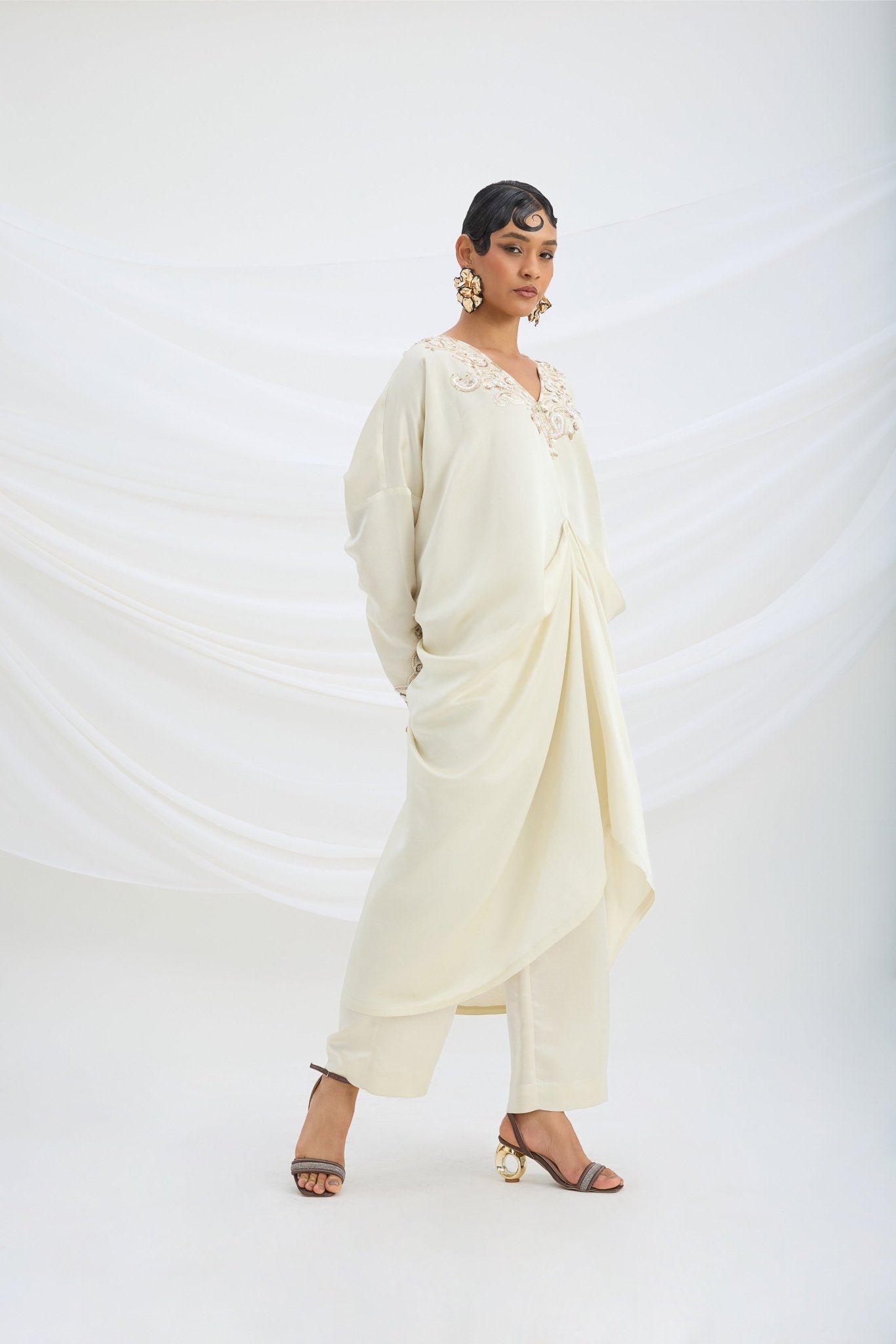 BEIGE EMBROIDERED DRAPED KAFTAN WITH BOTTOM - White Maison de Couture