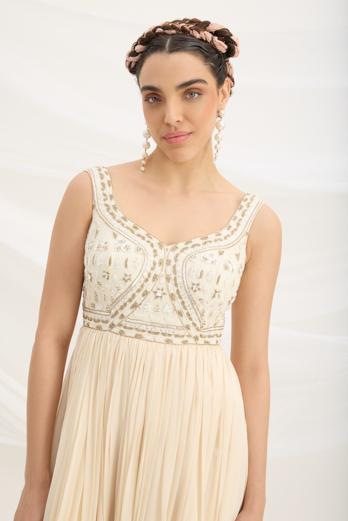BEIGE EMBROIDERED DRESS WITH DUPATTA - White Maison de Couture