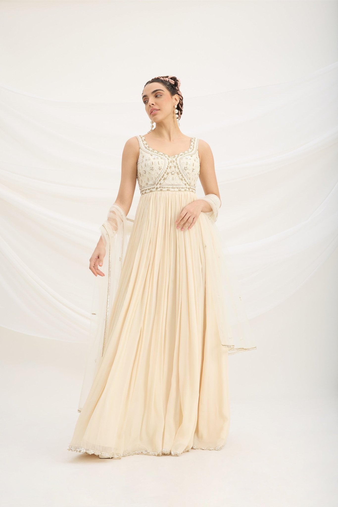 BEIGE EMBROIDERED DRESS WITH DUPATTA - White Maison de Couture