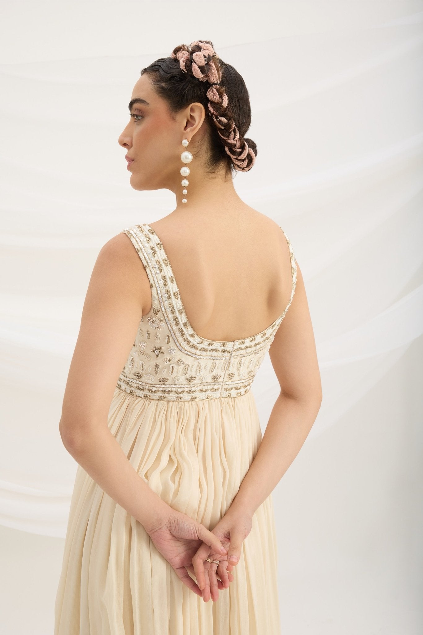 BEIGE EMBROIDERED DRESS WITH DUPATTA - White Maison de Couture