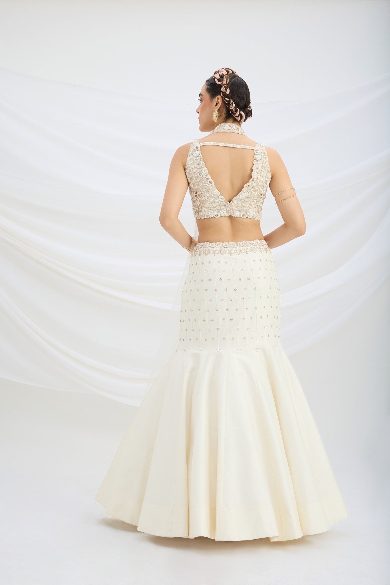 BEIGE EMBROIDERED FISHCUT LEHENGA WITH BLOUSE AND DUPATTA - White Maison de Couture