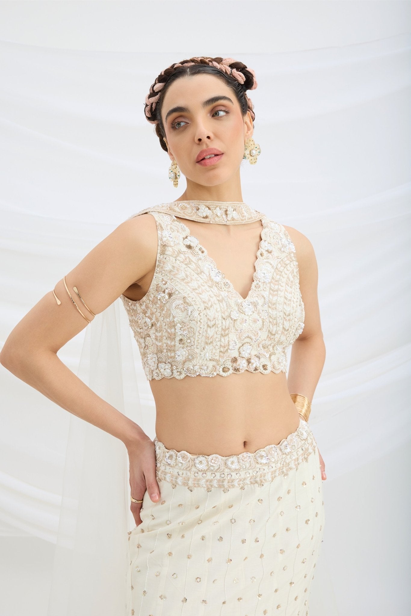 BEIGE EMBROIDERED FISHCUT LEHENGA WITH BLOUSE AND DUPATTA - White Maison de Couture