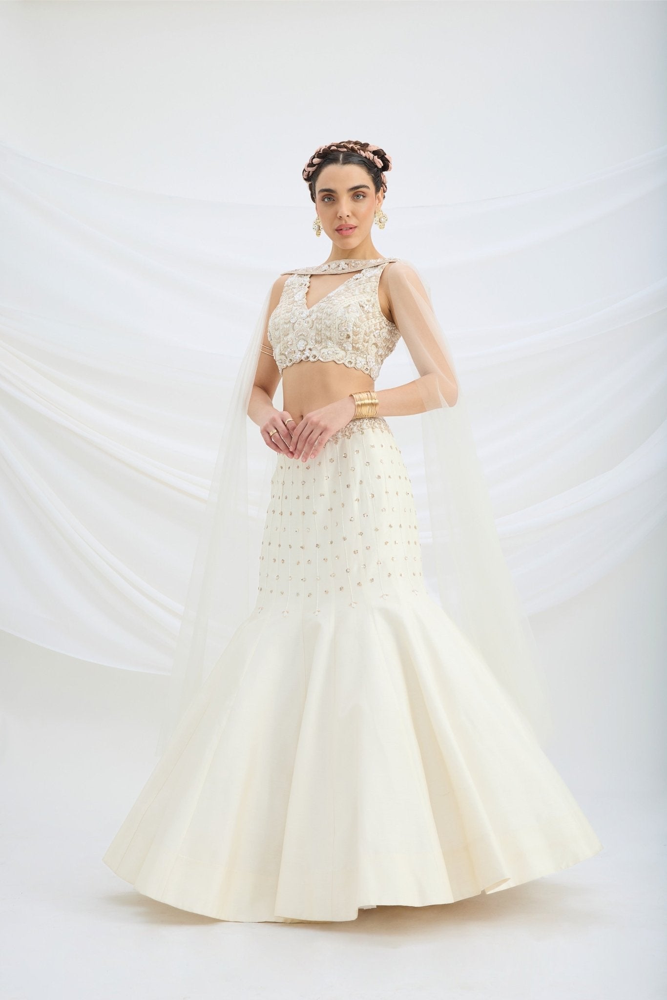 BEIGE EMBROIDERED FISHCUT LEHENGA WITH BLOUSE AND DUPATTA - White Maison de Couture