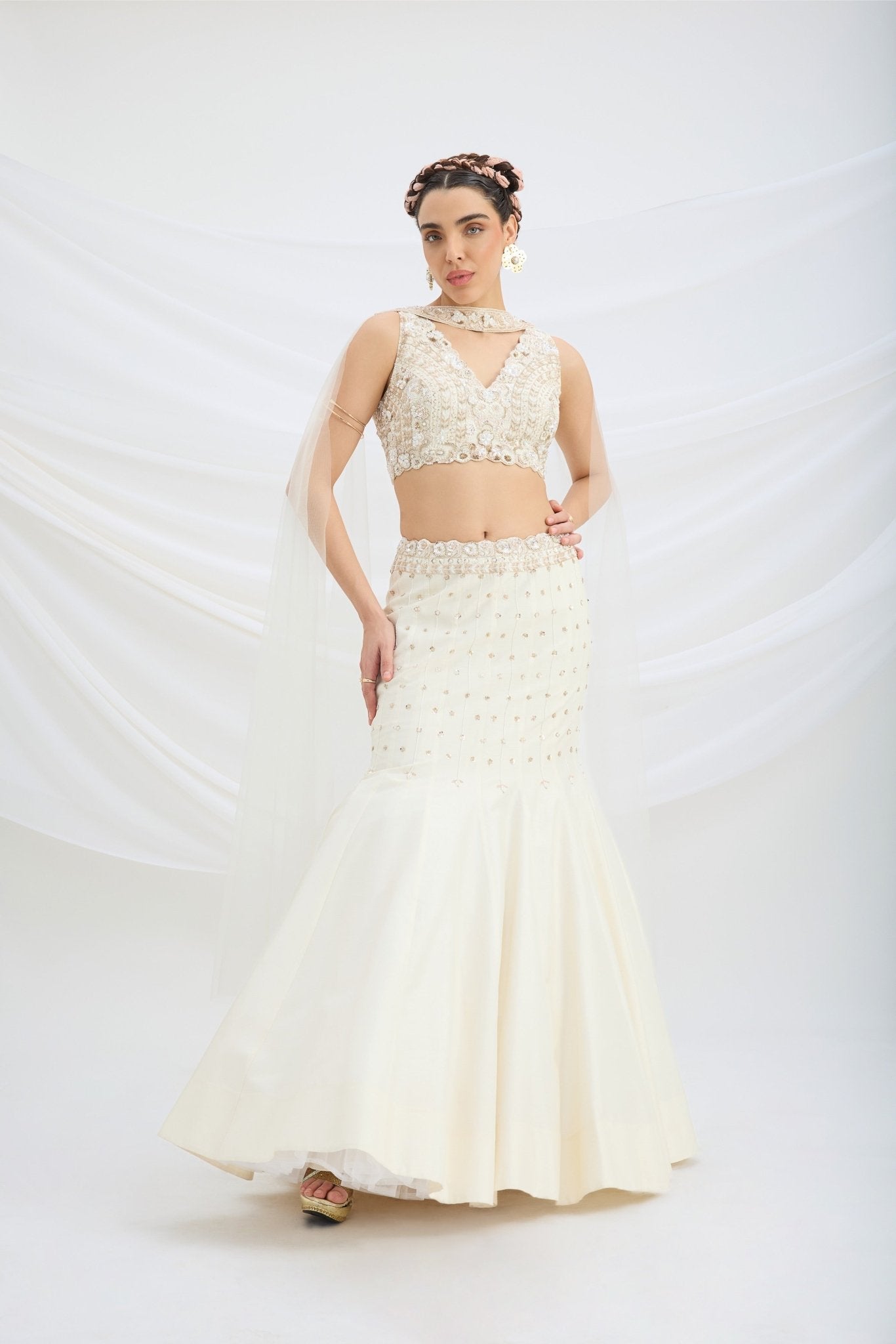 BEIGE EMBROIDERED FISHCUT LEHENGA WITH BLOUSE AND DUPATTA - White Maison de Couture